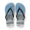 Blue flip-flops with a beach and ocean scene.