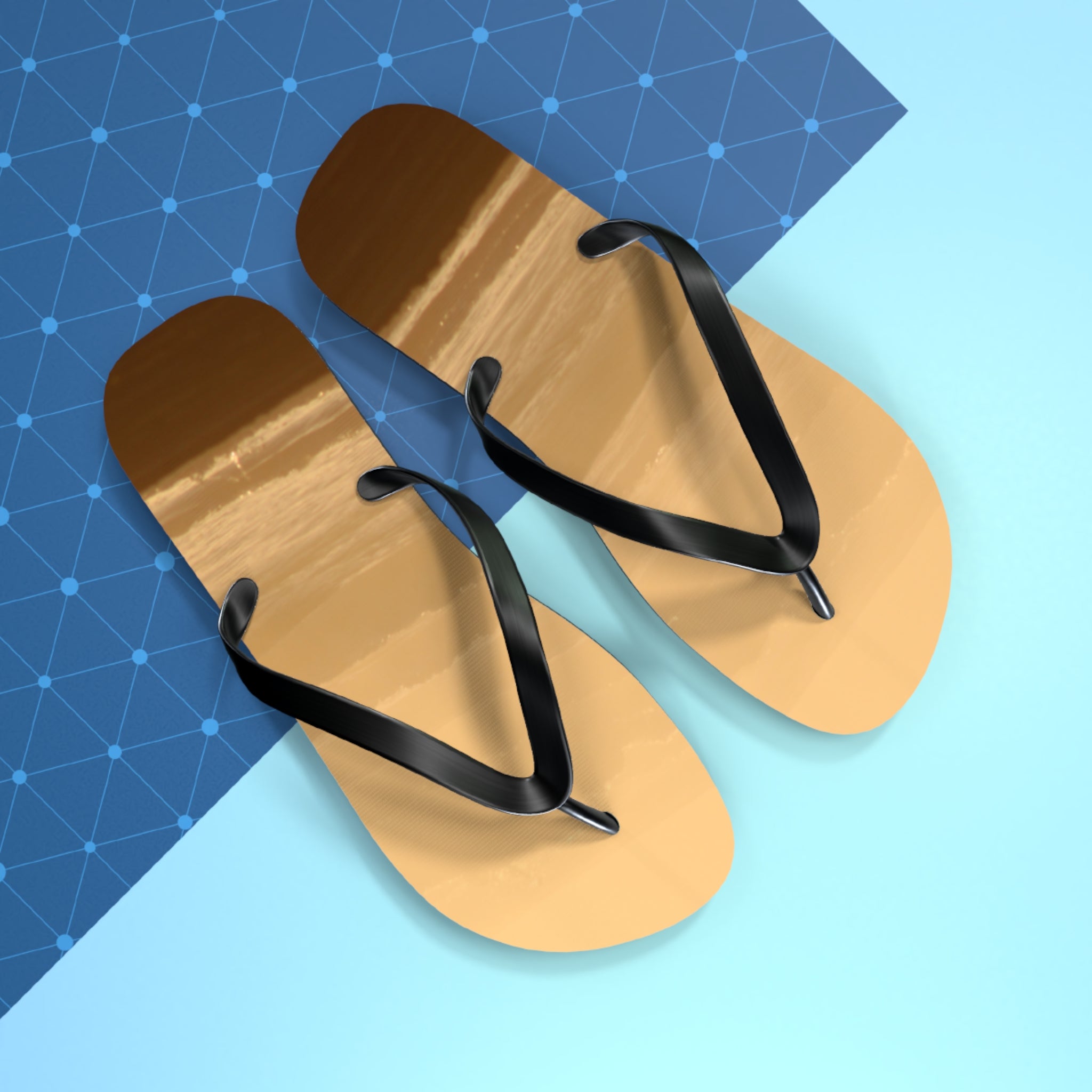 Brown flip-flops with black straps on a blue and light blue background.
