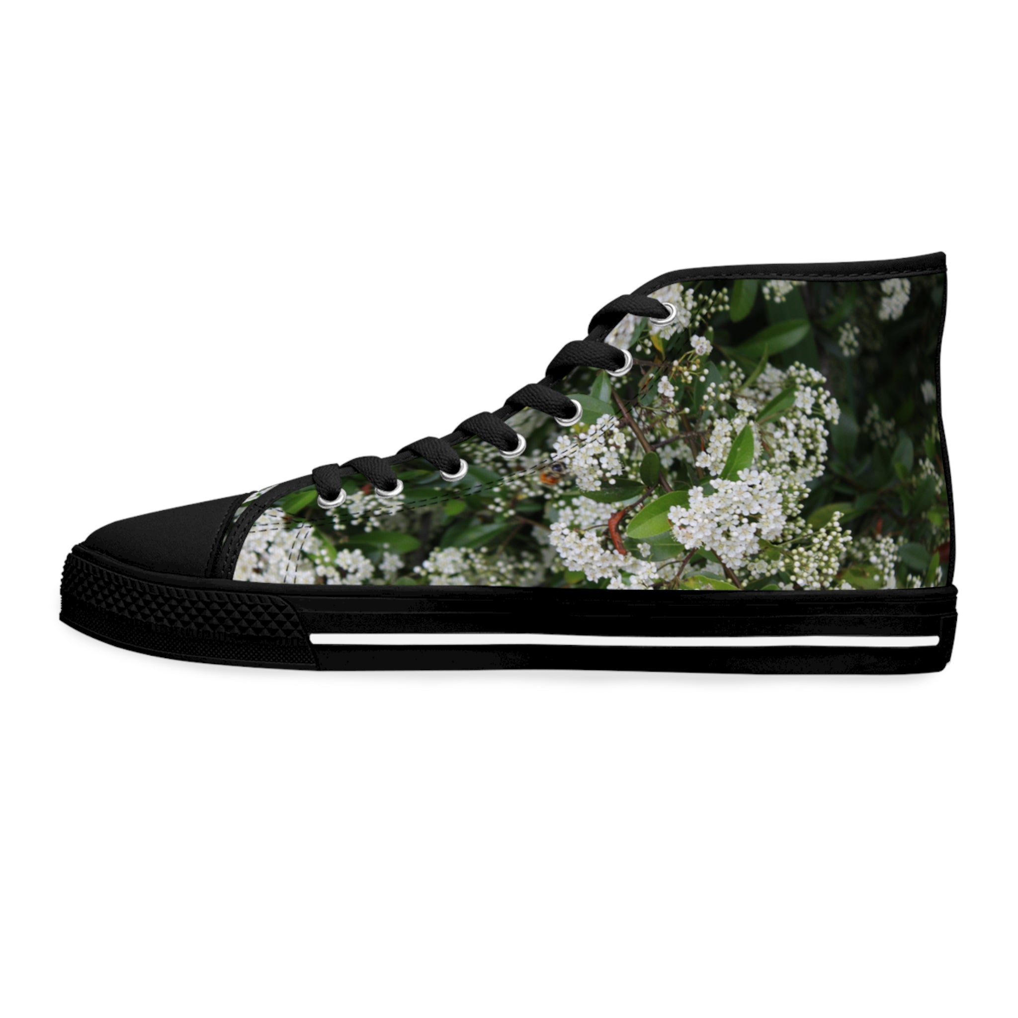 Black high-top sneaker with a floral print on the side.