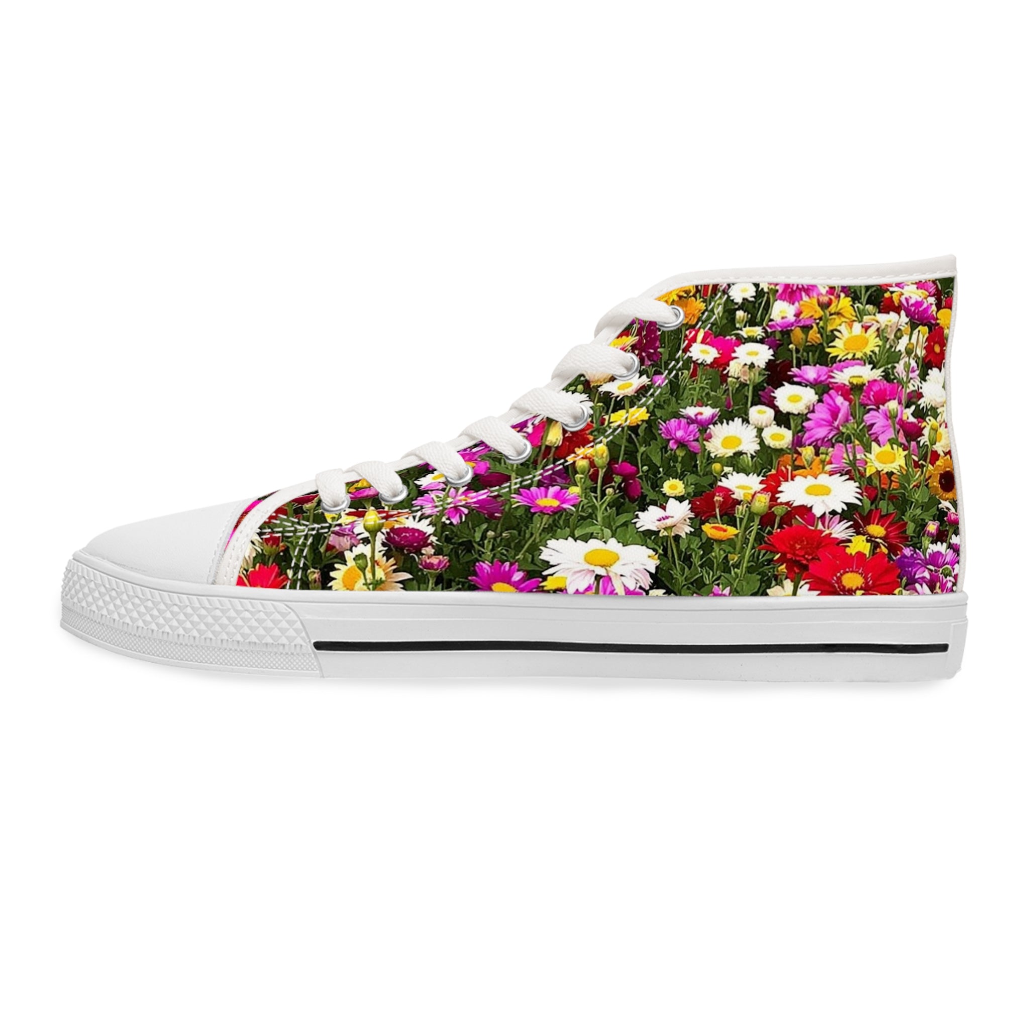 White high-top sneaker with a vibrant floral print.