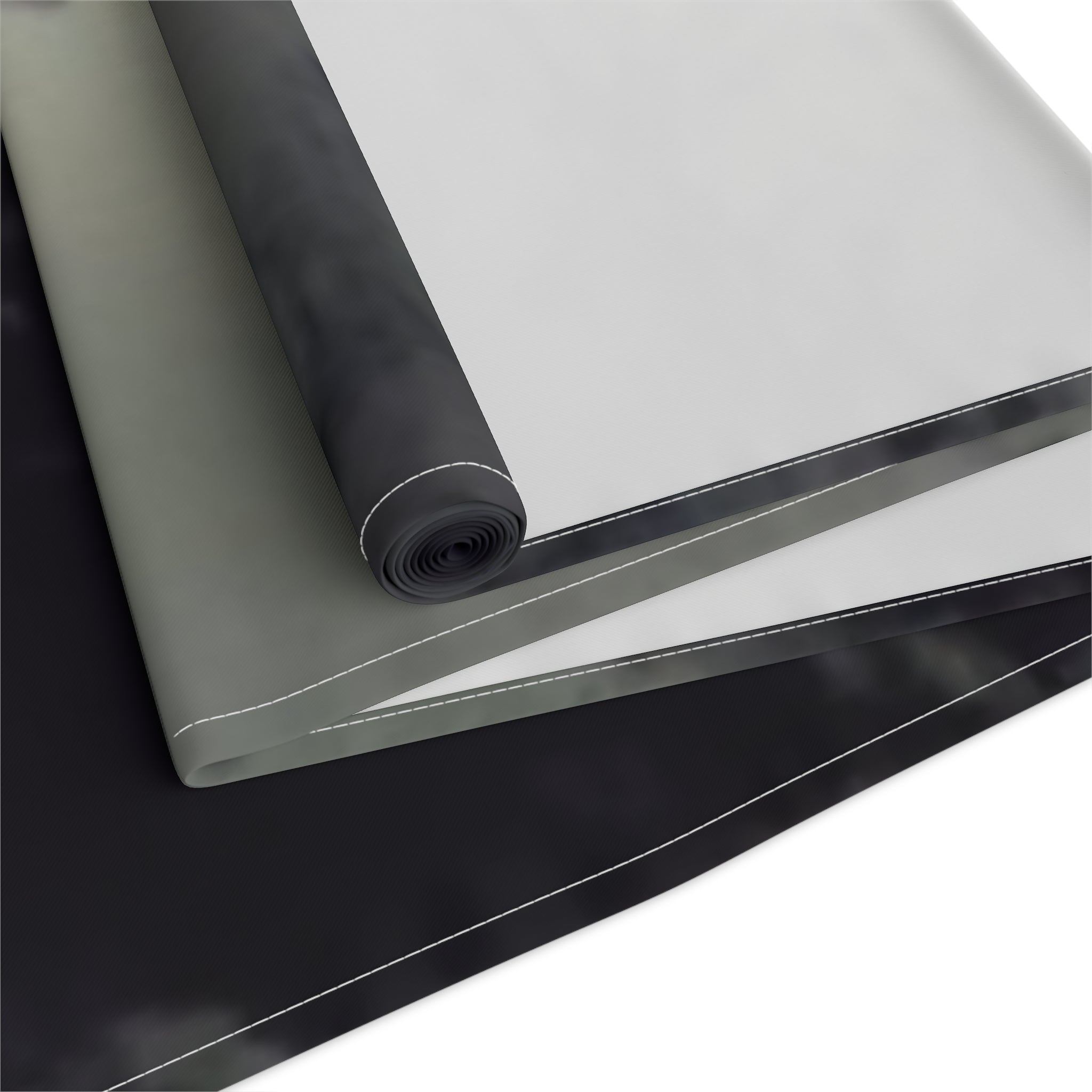 Rolled dark gray and light gray fabric with white stitching.