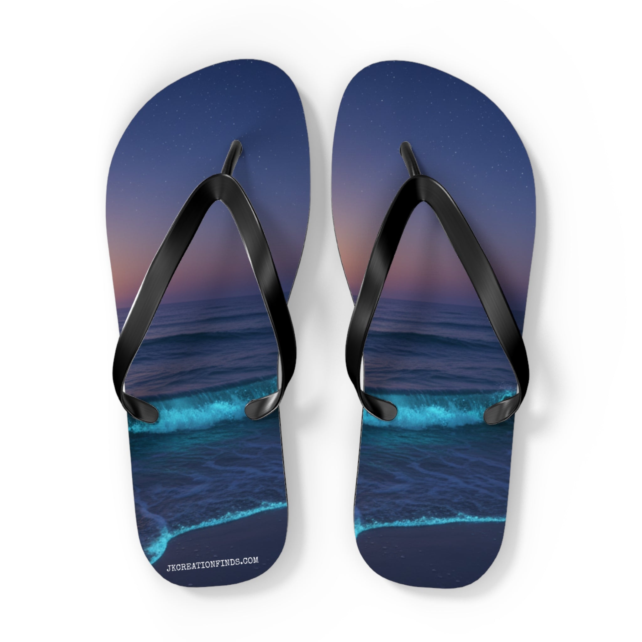 Flip-flops with ocean waves and starry night sky design.