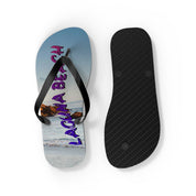 Laguna Beach flip-flops, one showing the sole, one showing the top.