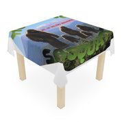 Tablecloth with Bigfoot figures and "Mt. St. Helens Washington" text.