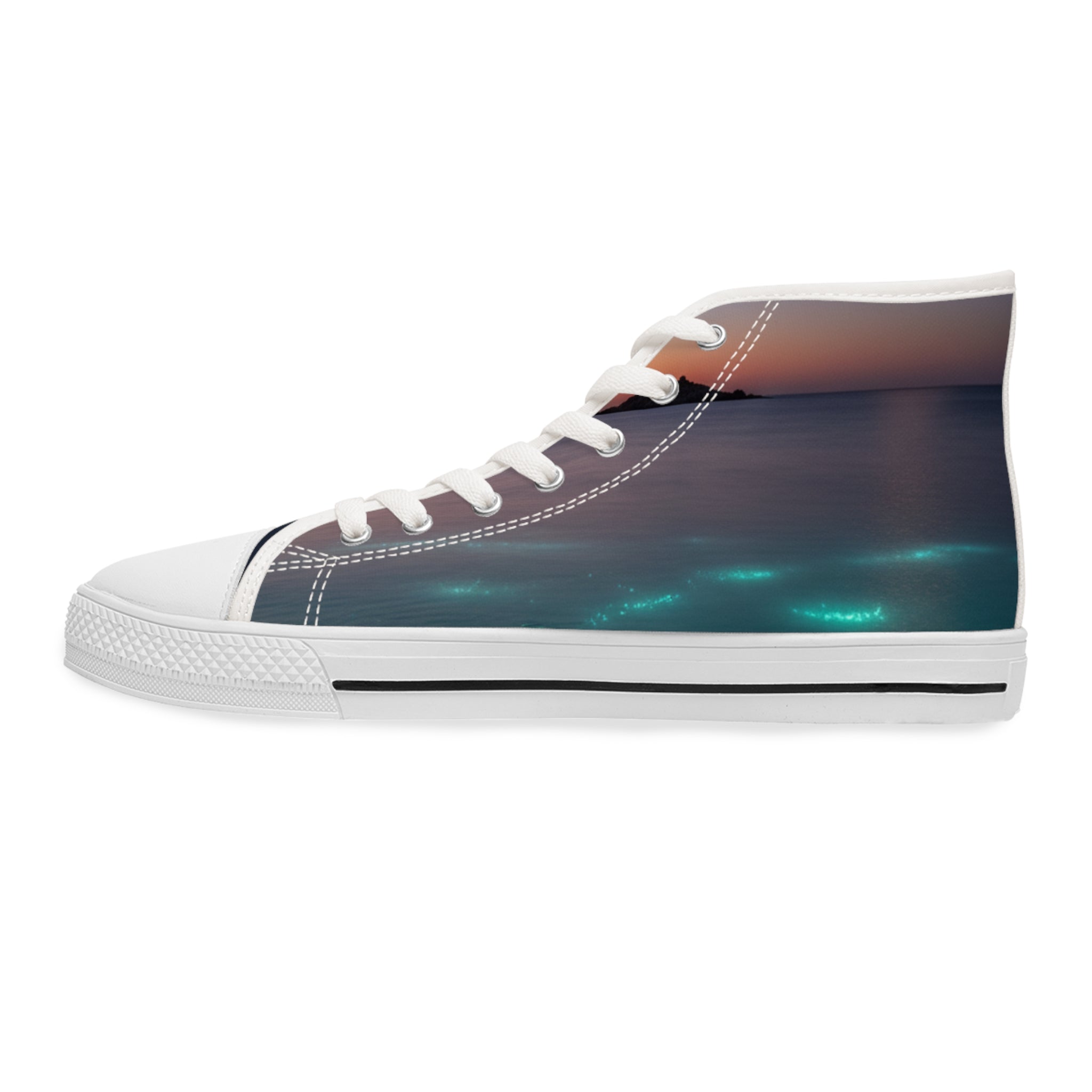 High-top sneaker with a sunset ocean scene printed on the side.
