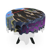 Round tablecloth with Sasquatch figures and "Mt. St. Helens Washington" text.