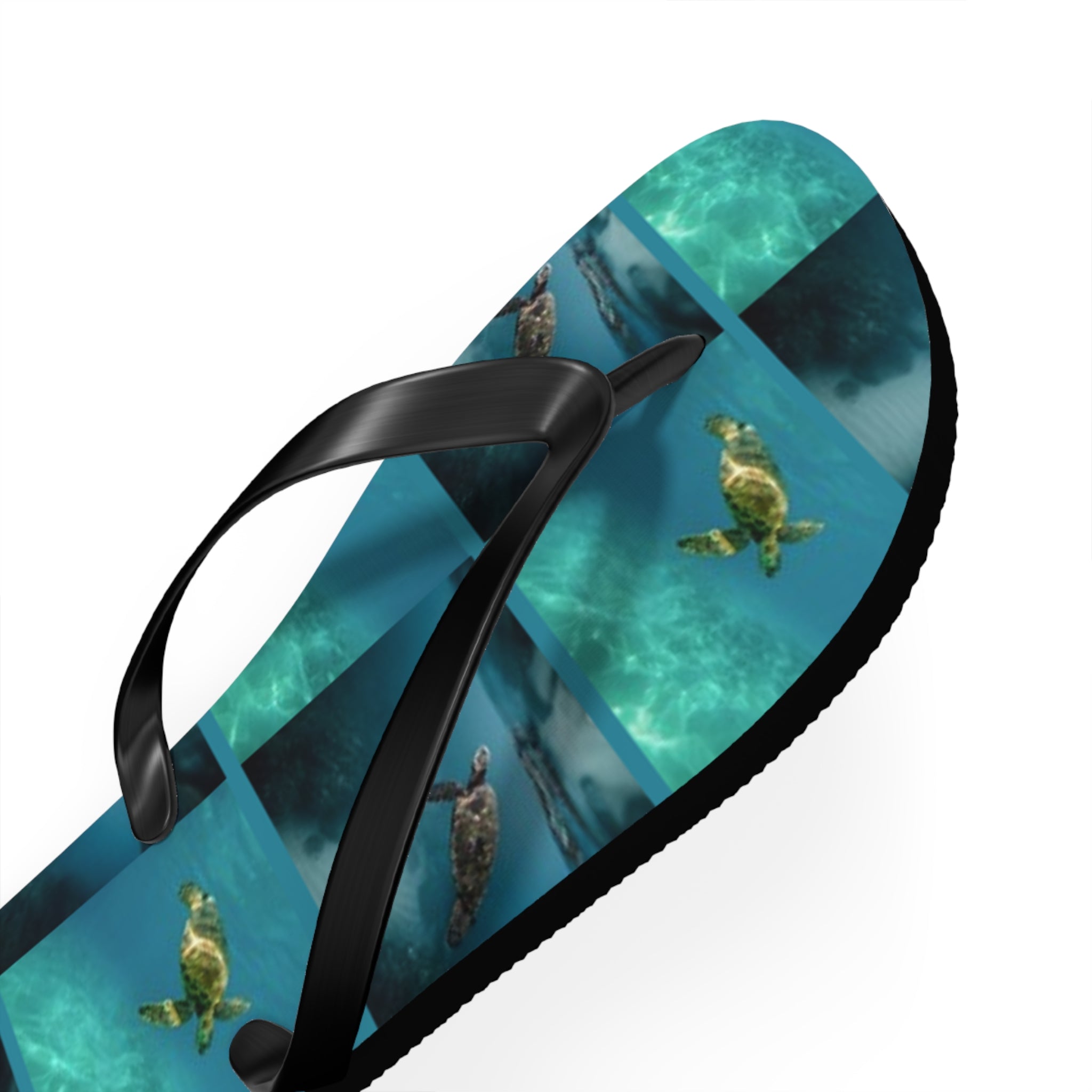 Flip-flops with a repeating pattern of sea turtles swimming underwater.