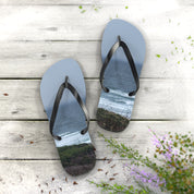 Light blue flip-flops with ocean and forest scene on wooden planks.