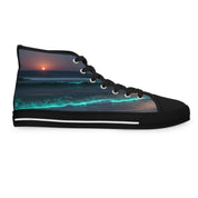 High-top sneaker with a sunset ocean wave design on the side.