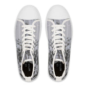 High-top sneakers with a snowy forest pattern and white laces.