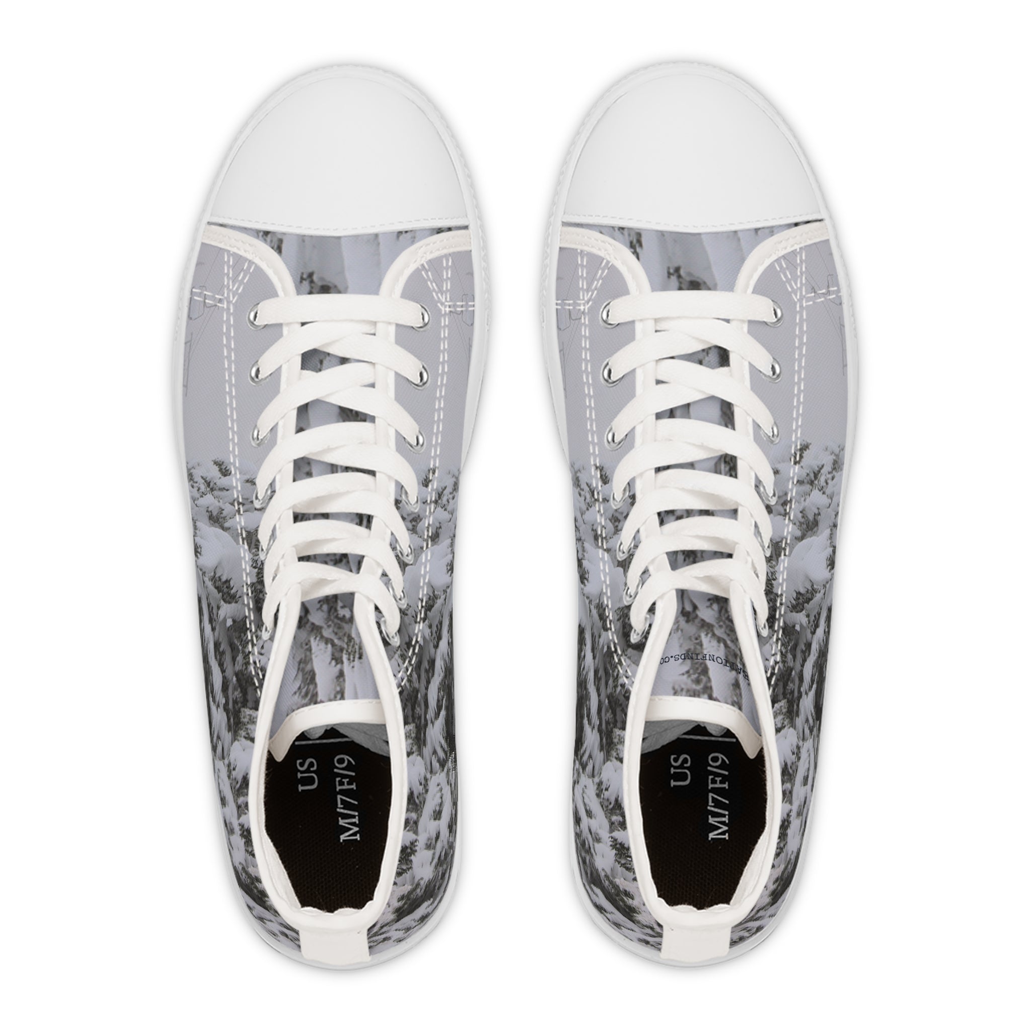 High-top sneakers with a snowy forest pattern and white laces.