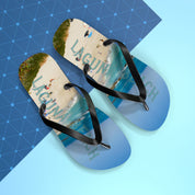 Flip flops with "LAGUNA BEACH" text on a light blue and dark blue patterned background.