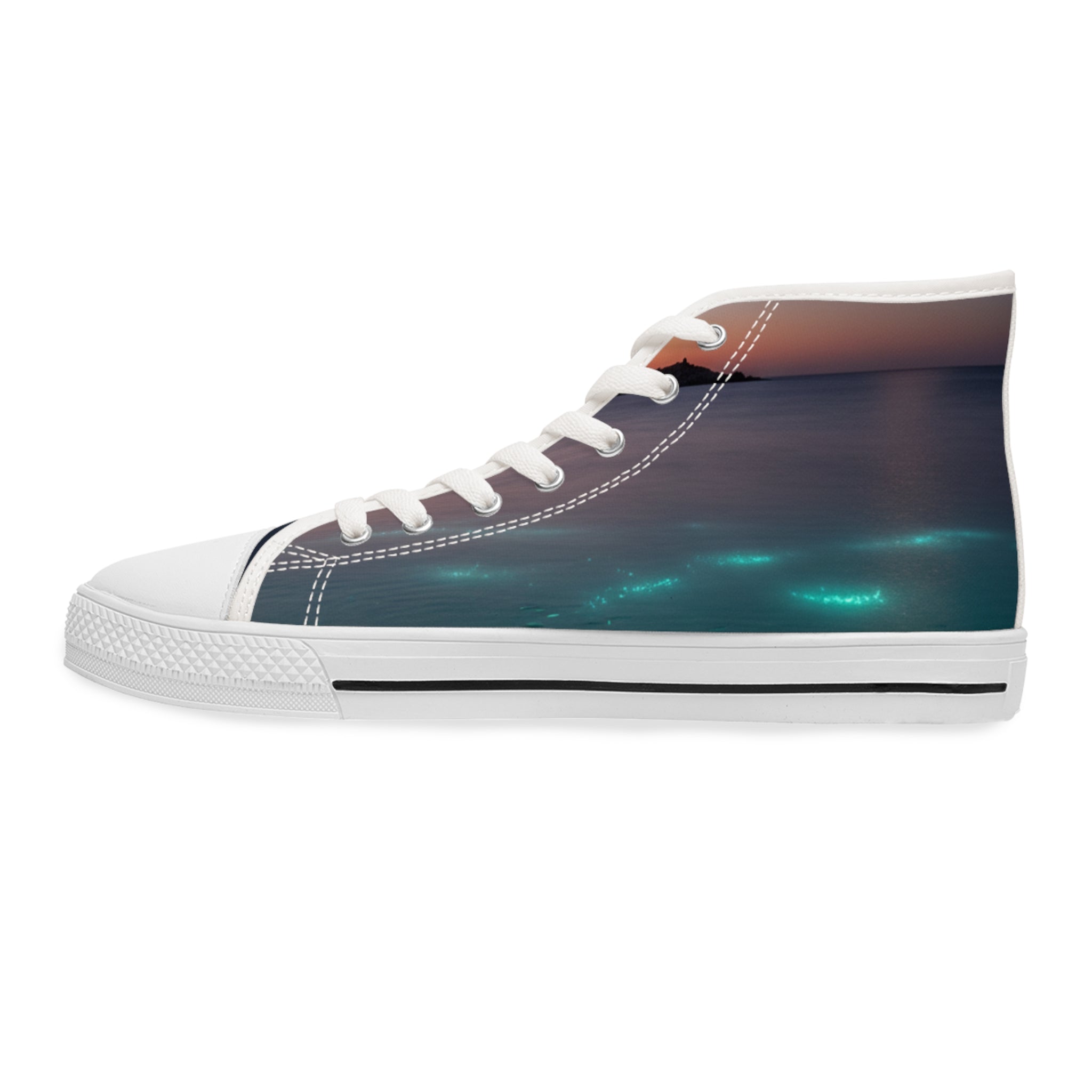 High-top sneakers with glowing ocean lights and a distant island at sunset.
