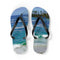 Flip-flops with a beach scene featuring ocean waves and palm trees.