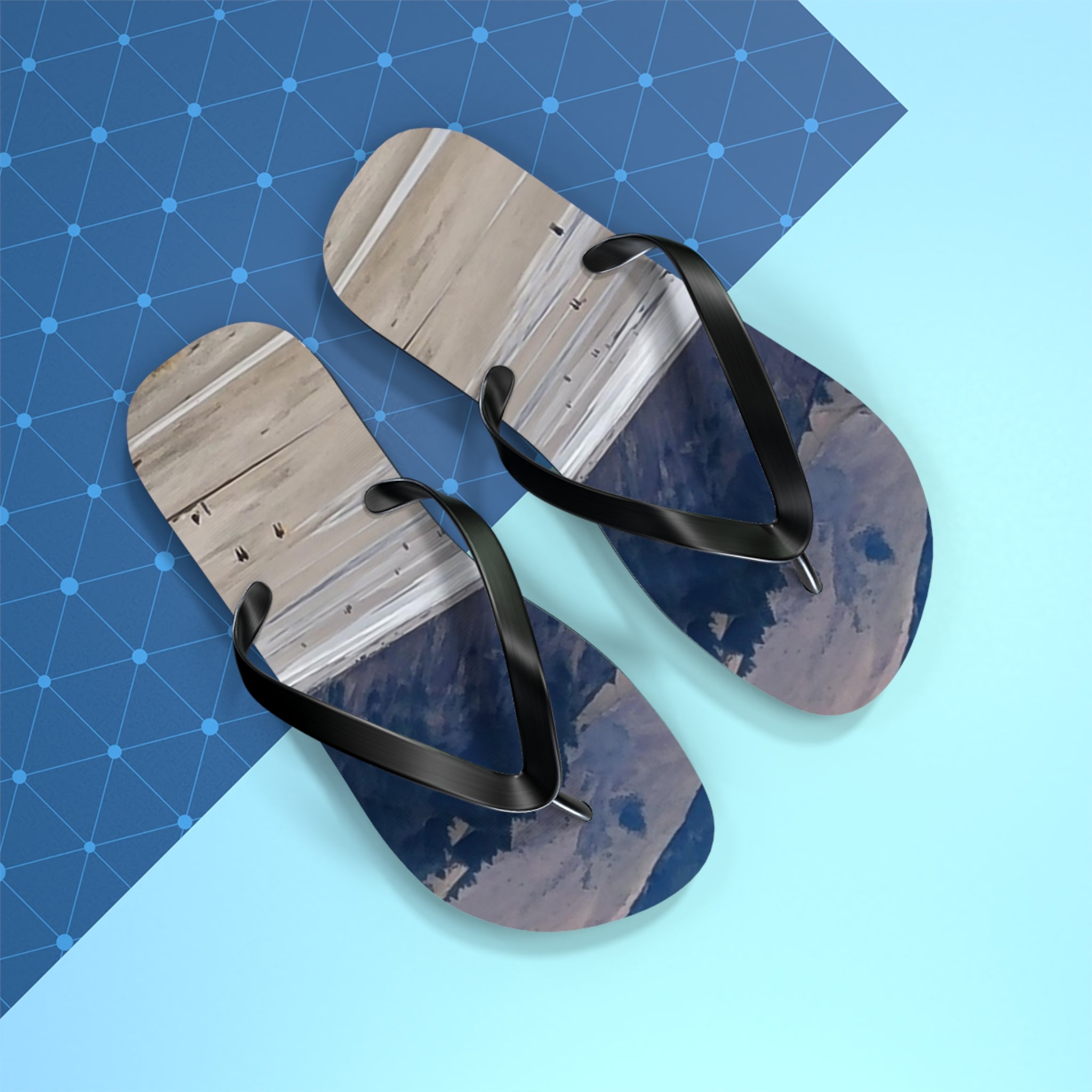 Flip-flops with a landscape scene of a beach and water.
