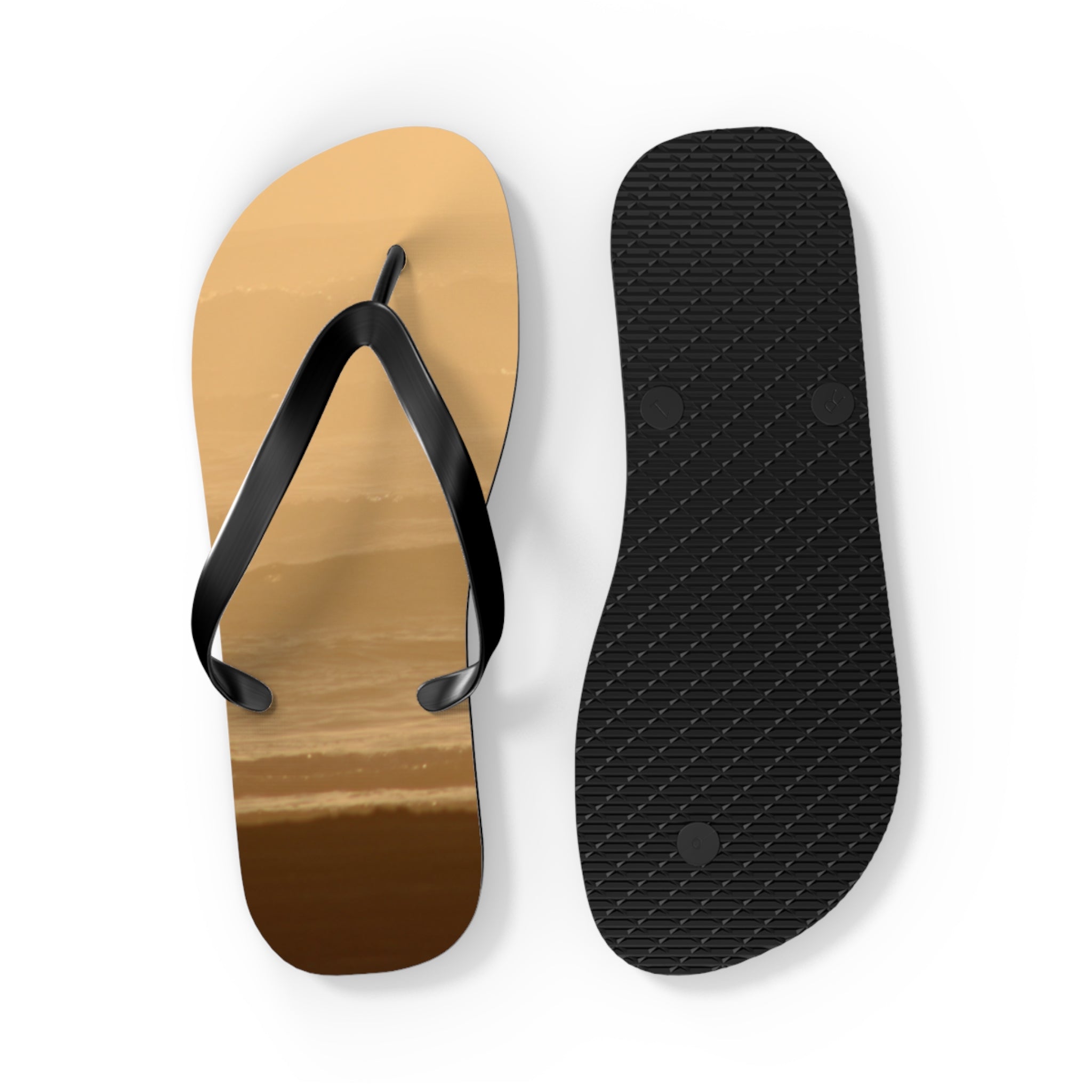 Flip-flops with a wave pattern on the sole, shown from above.