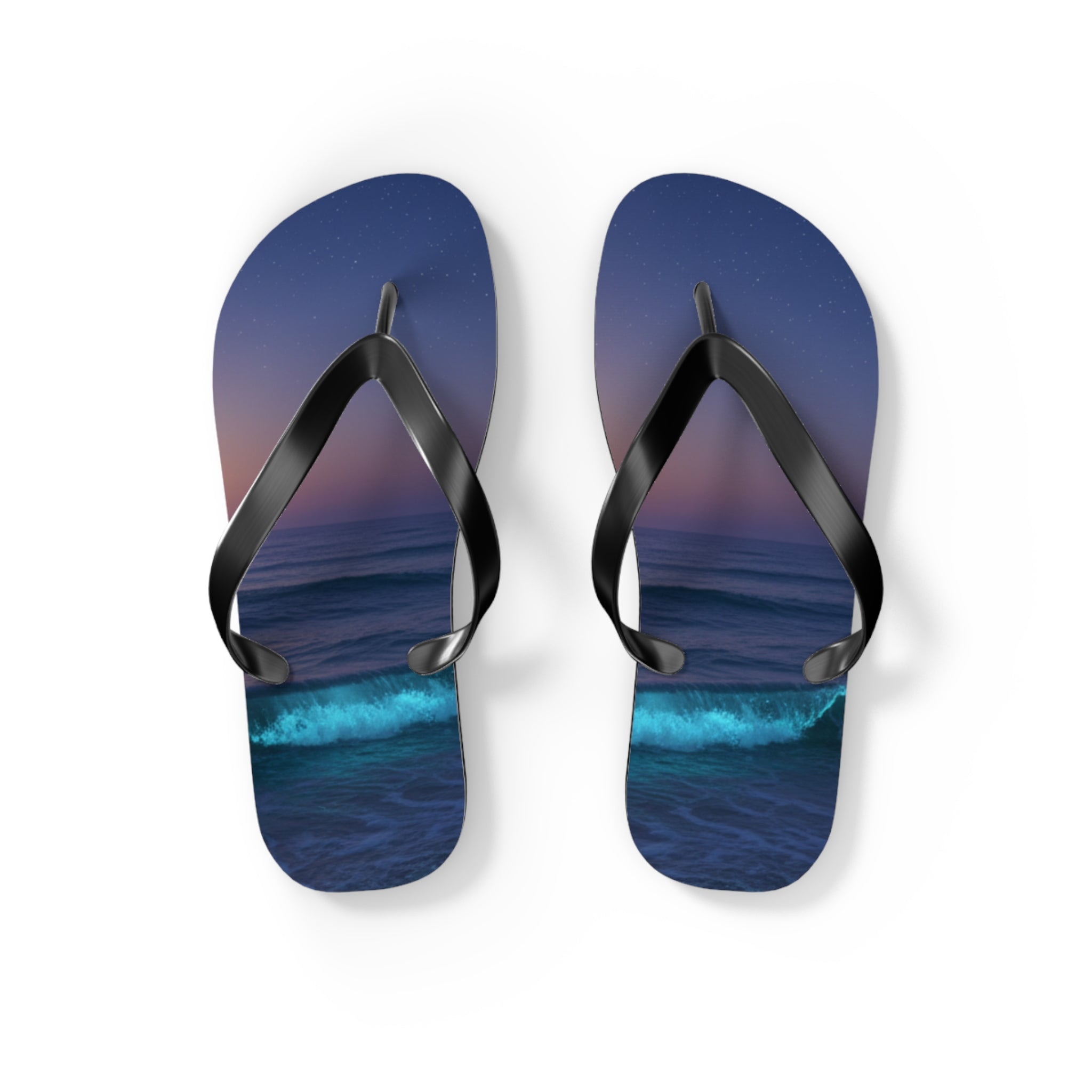Flip-flops with a starry night ocean wave design.