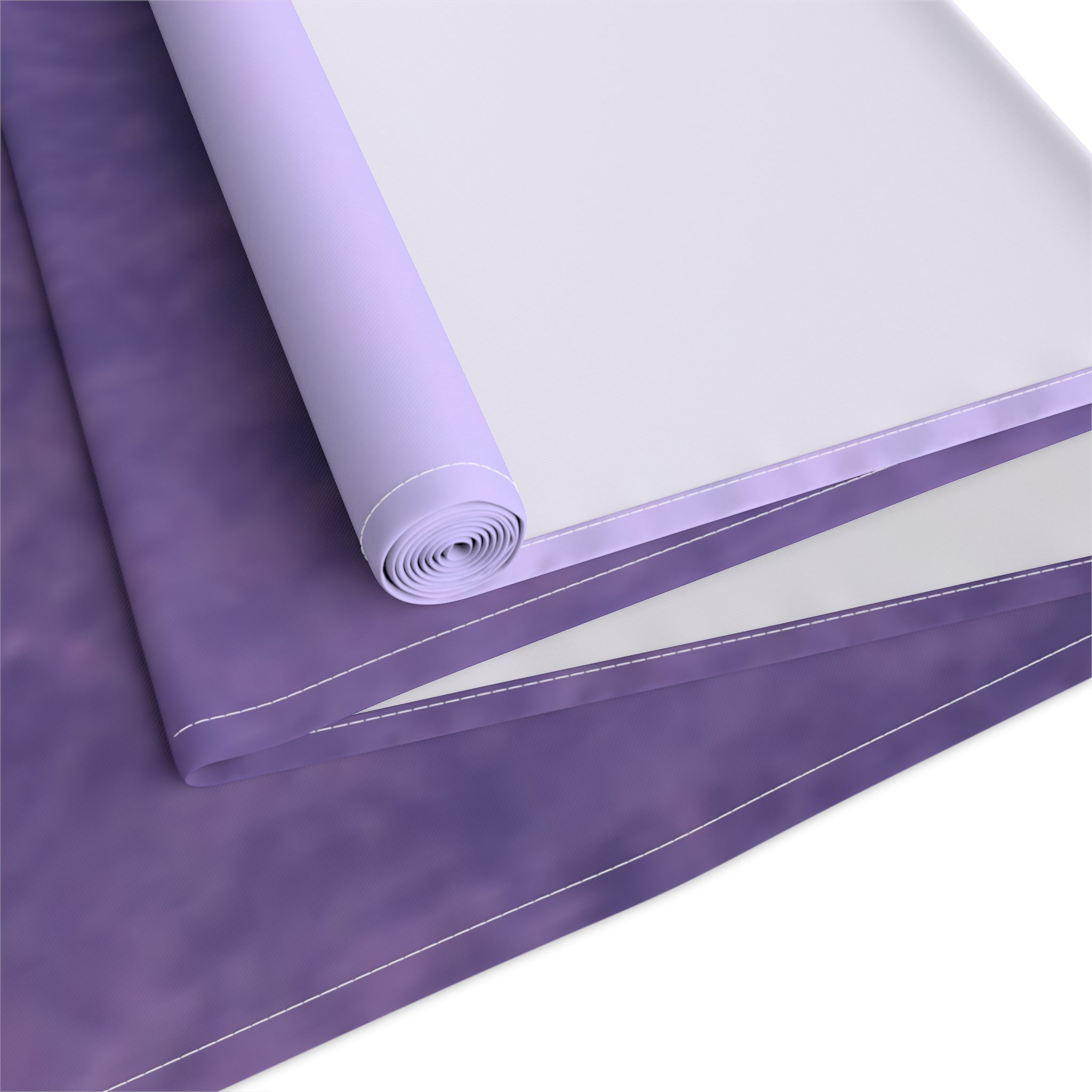 Rolled purple fabric with white stitching on white background.