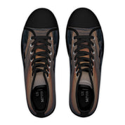 Black high-top sneakers with a sunset ocean wave design on the sides.