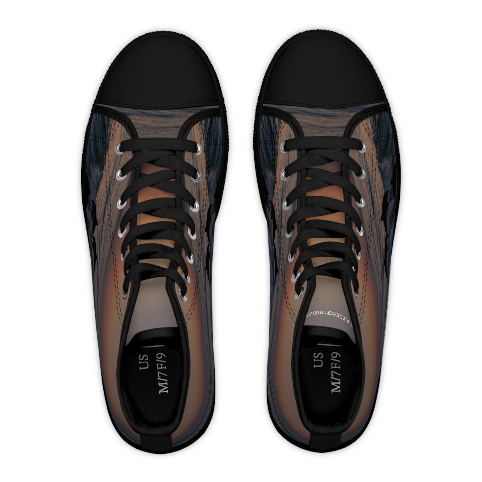 Black high-top sneakers with a sunset ocean wave design on the sides.