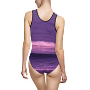 Purple Sunset Beach Ocean Waves Print Swimsuit