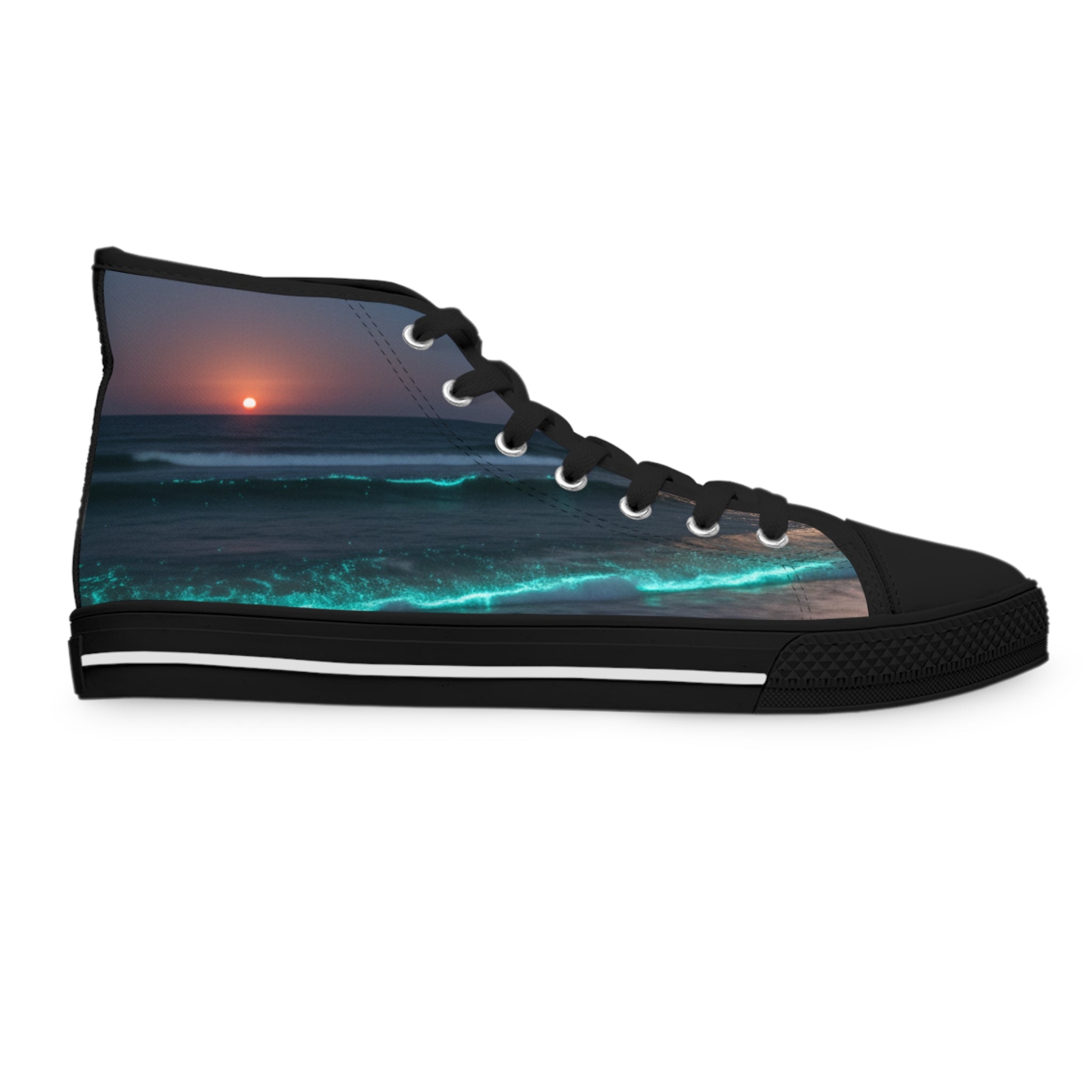High-top sneaker with a sunset ocean wave graphic.