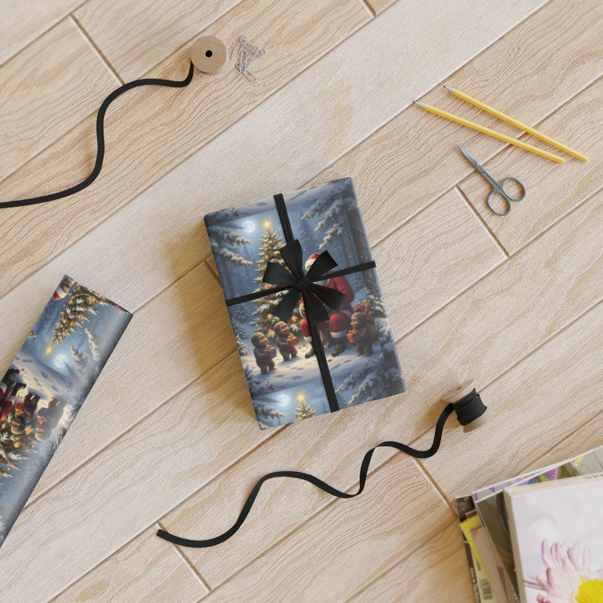 Festive Christmas Wrapping Paper with Black Ribbon