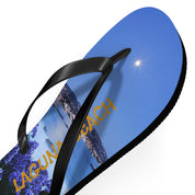 Flip-flop with "LAGUNA BEACH" text and a lavender field against a blue sky.