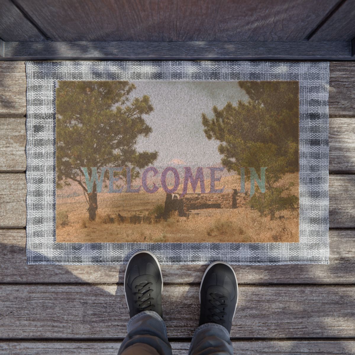 Welcome In Doormat with Countryside Scenery Design