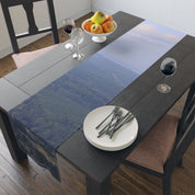 Forest landscape photo printed on a fabric table runner.