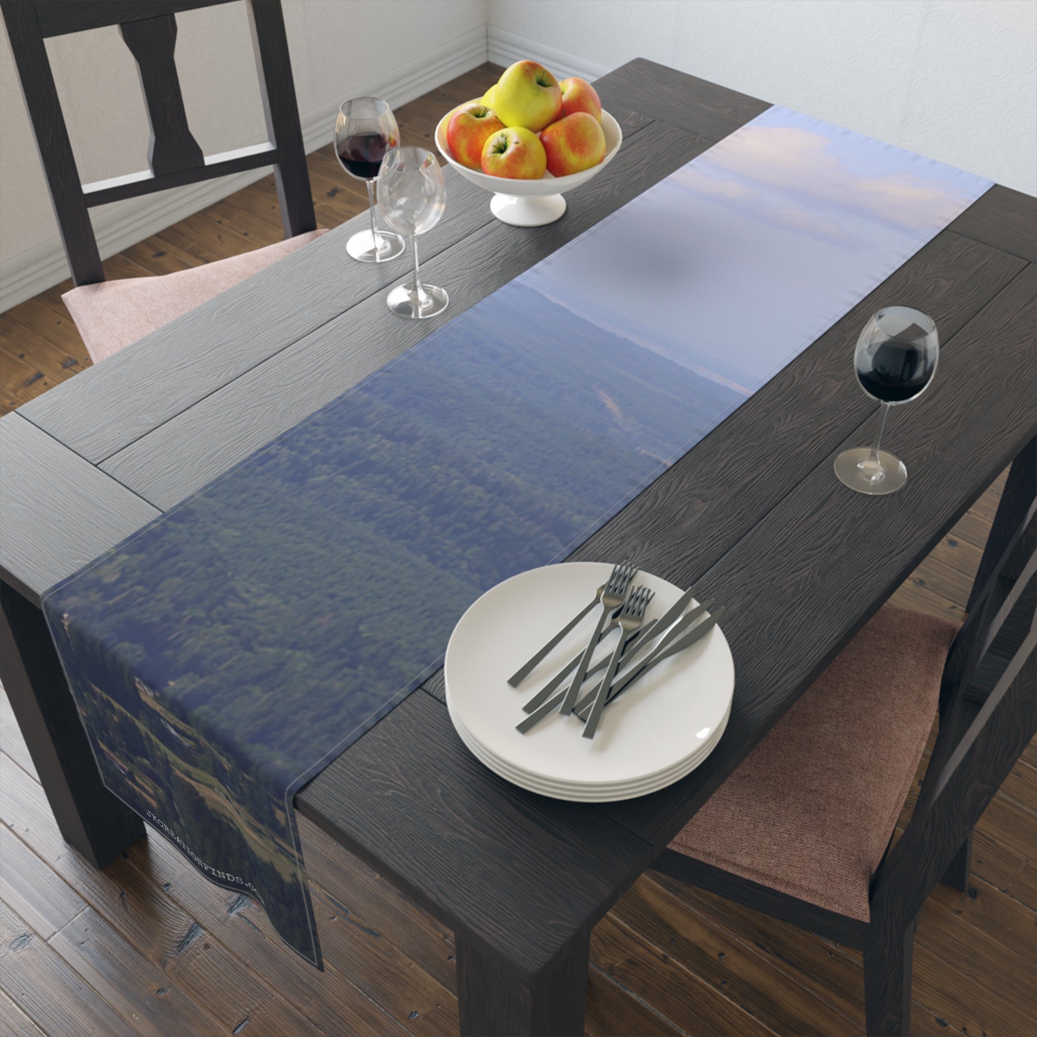 Forest landscape photo printed on a fabric table runner.