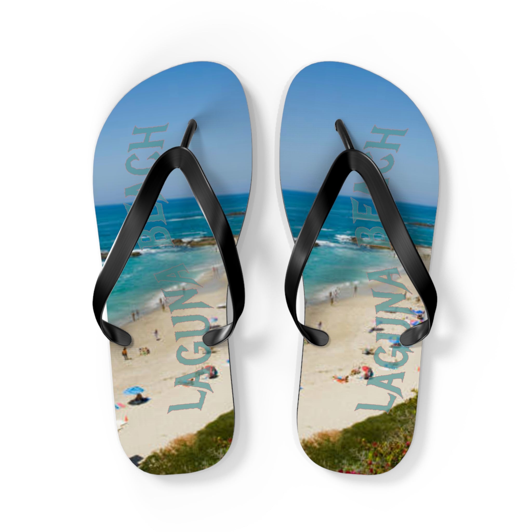 Blue flip-flops with a beach scene and "LAGUNA BEACH" text.