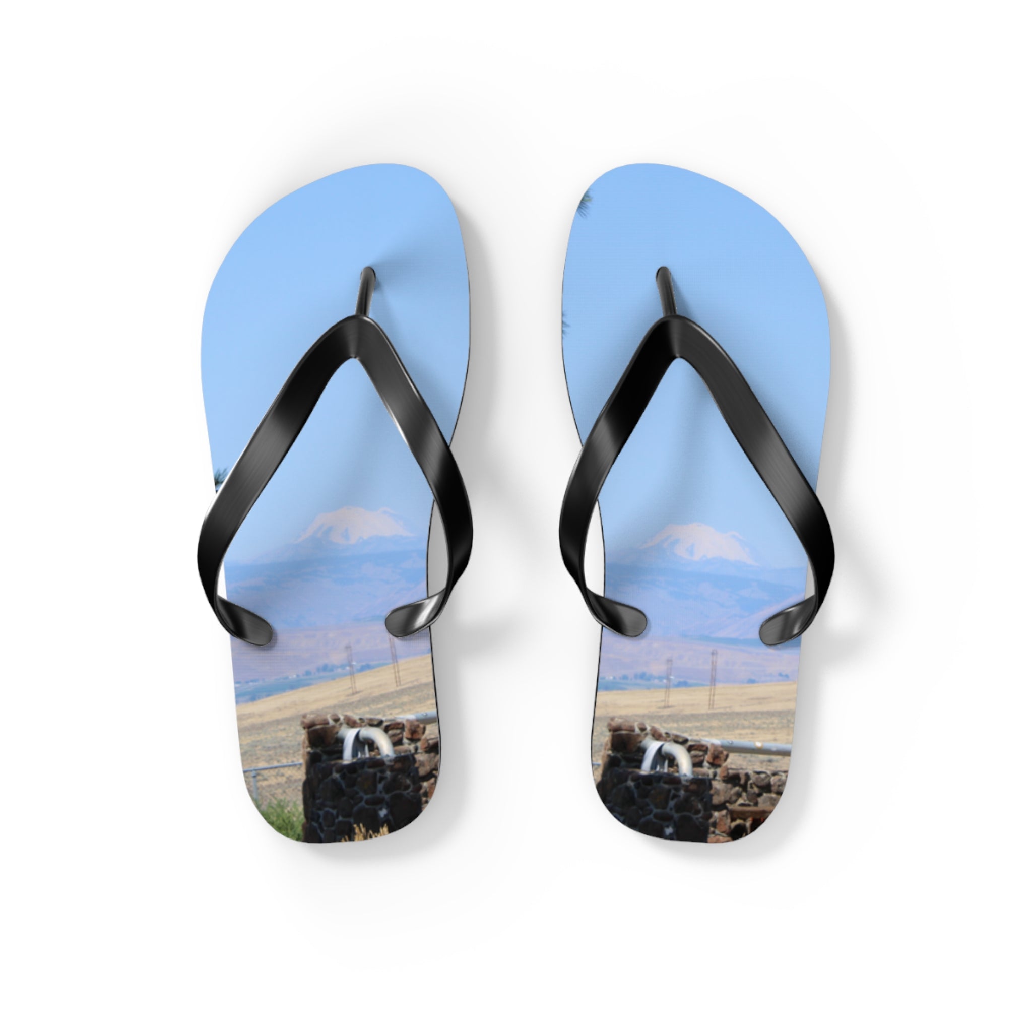 Flip-flops with a landscape of mountains and water features.