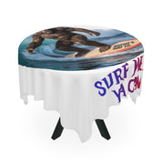 Tablecloth with Bigfoot surfing and "Bigfoot's Surf Co." and "Surf Ya Gnu" text.