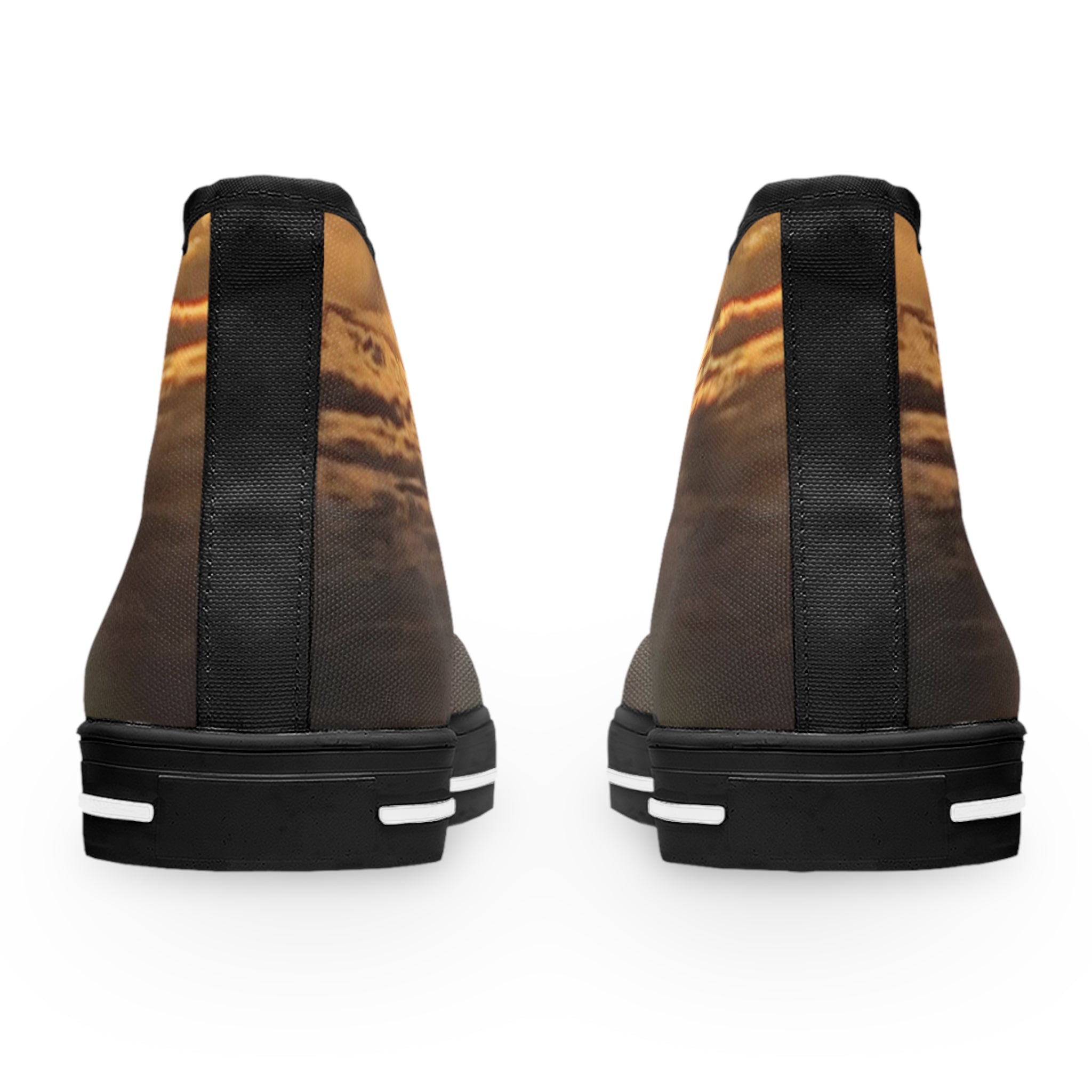 High-top canvas shoes with a sunset cloud print on the back.