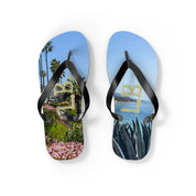 Flip-flops with a beach scene and "LA" logo.