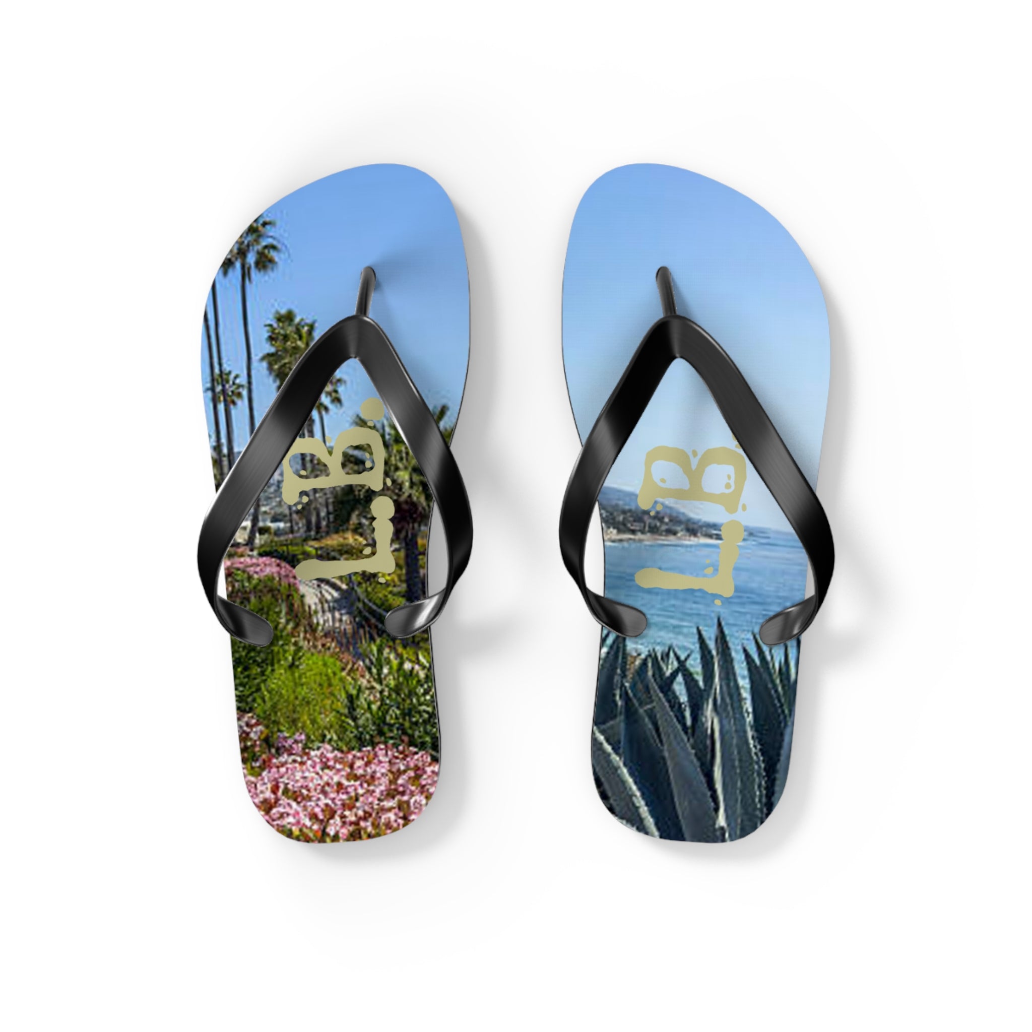 Flip-flops with a beach scene and "LA" logo.