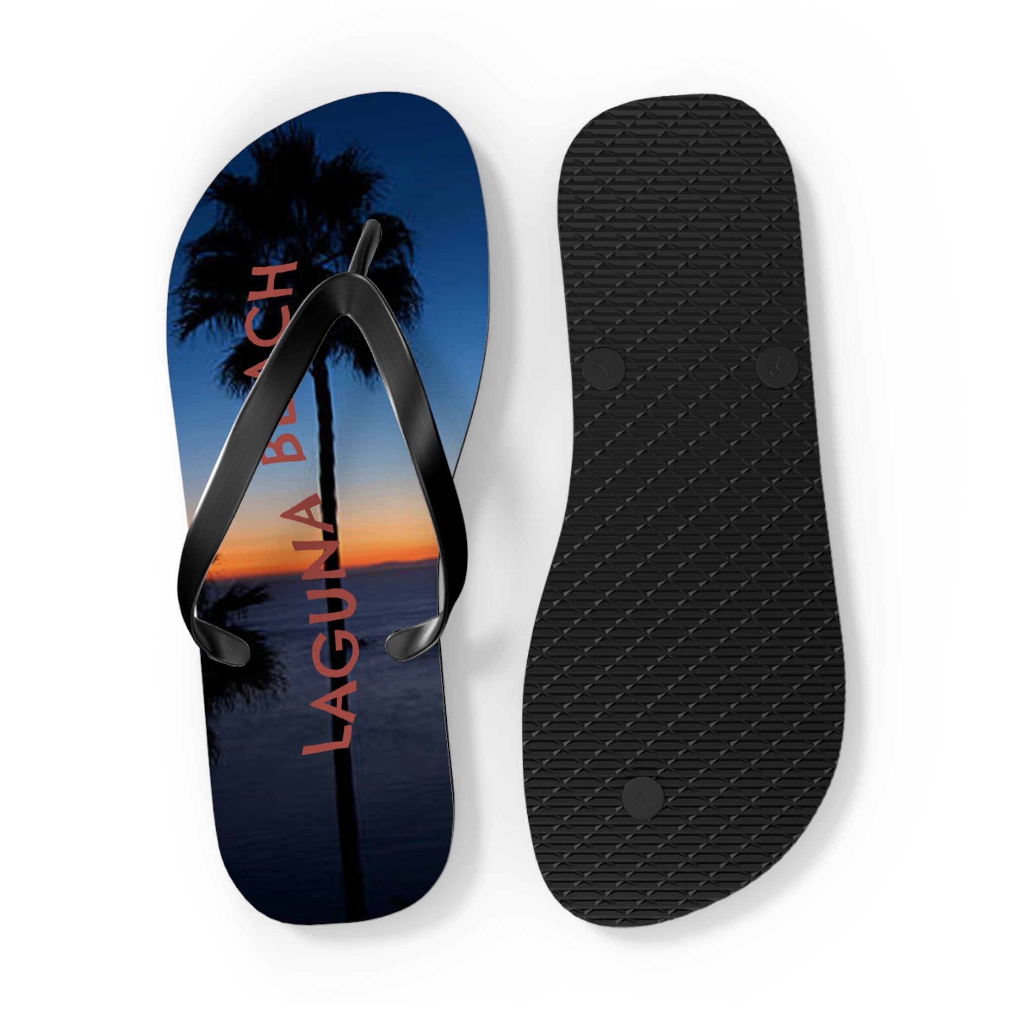 Flip-flops with "LAGUNA BEACH" text and palm tree sunset graphic.