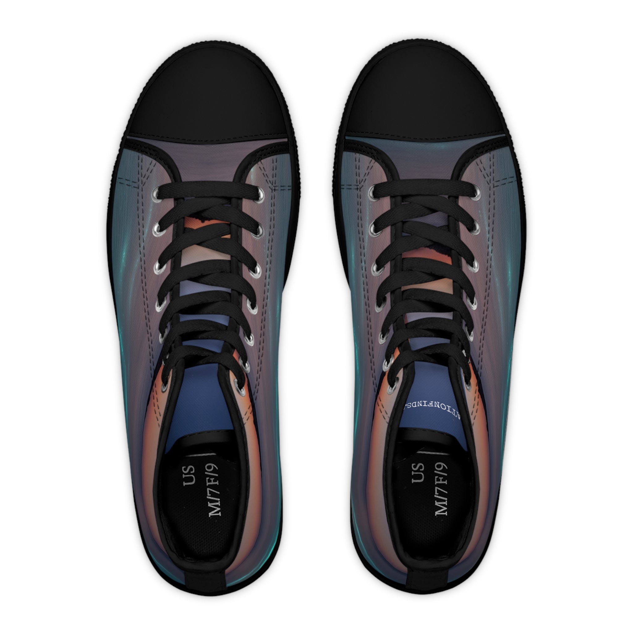 Pair of high-top sneakers with a celestial print, US M/7 F/9 tags visible.