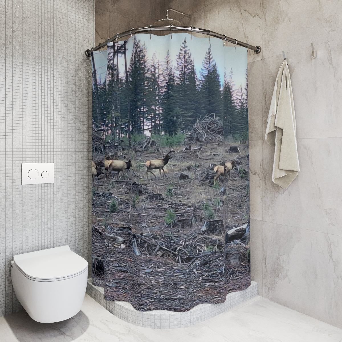 Forest Wildlife Scene with Elk Shower Curtain
