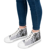 High-top sneakers with a grayscale forest camouflage pattern.