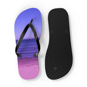 Purple gradient flip-flop with beach scene, black sole on white background.