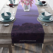 Table runner with purple landscape and JKCREATIONFINDS.COM text.