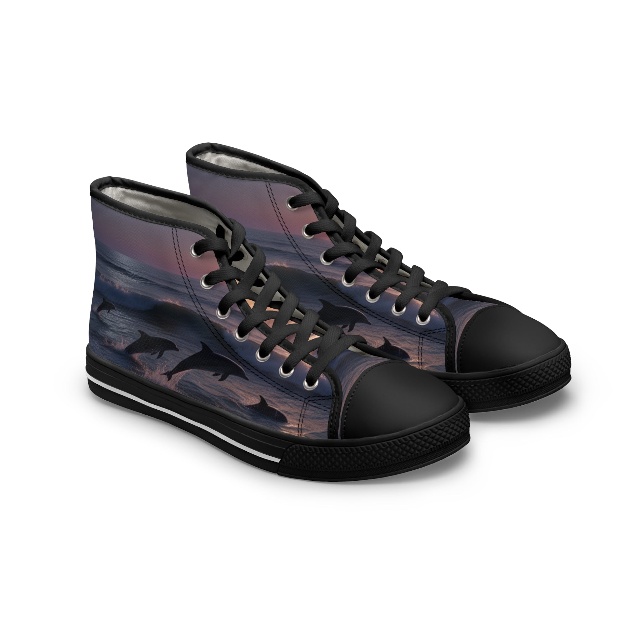 Black high-top sneakers with a sunset ocean dolphin print.
