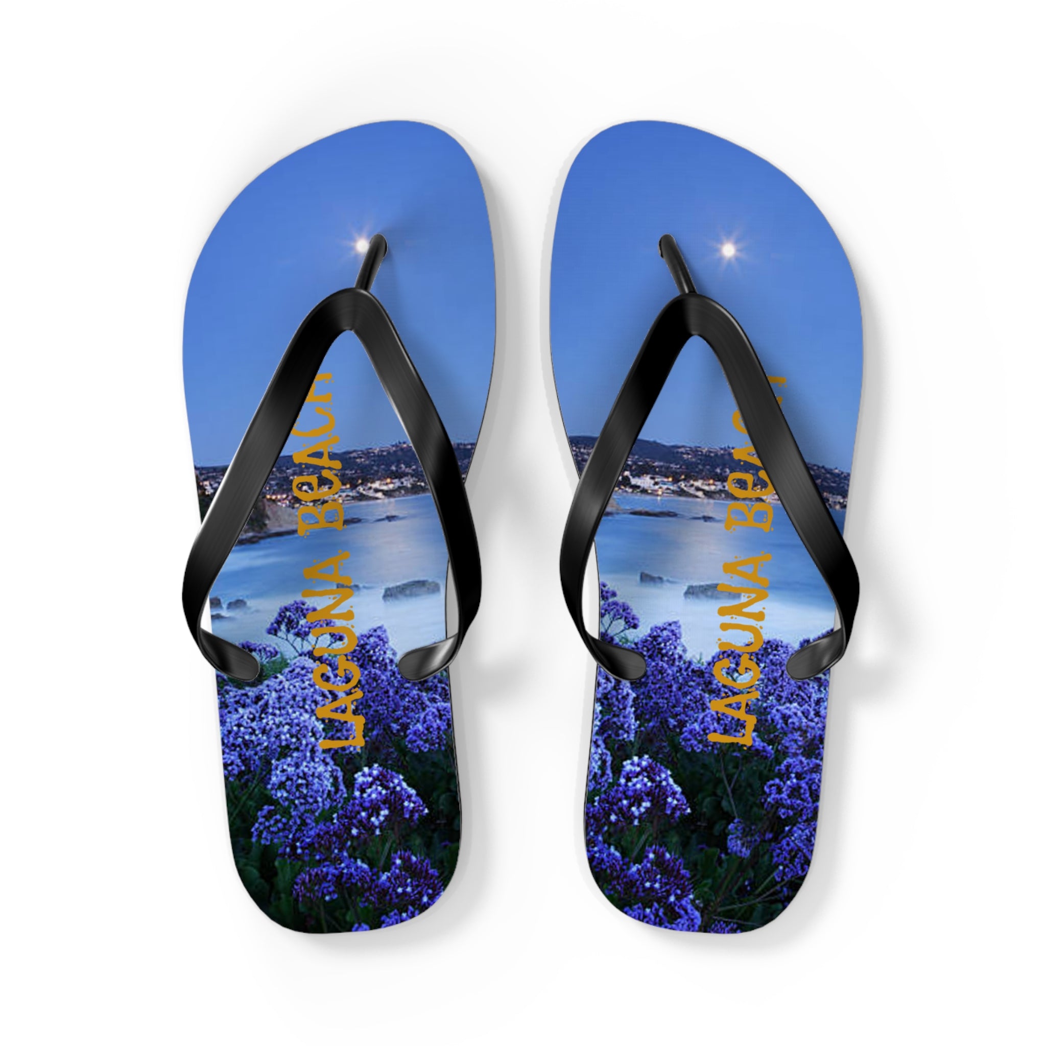 Flip-flops with "Laguna Beach" text and a night sky scene.