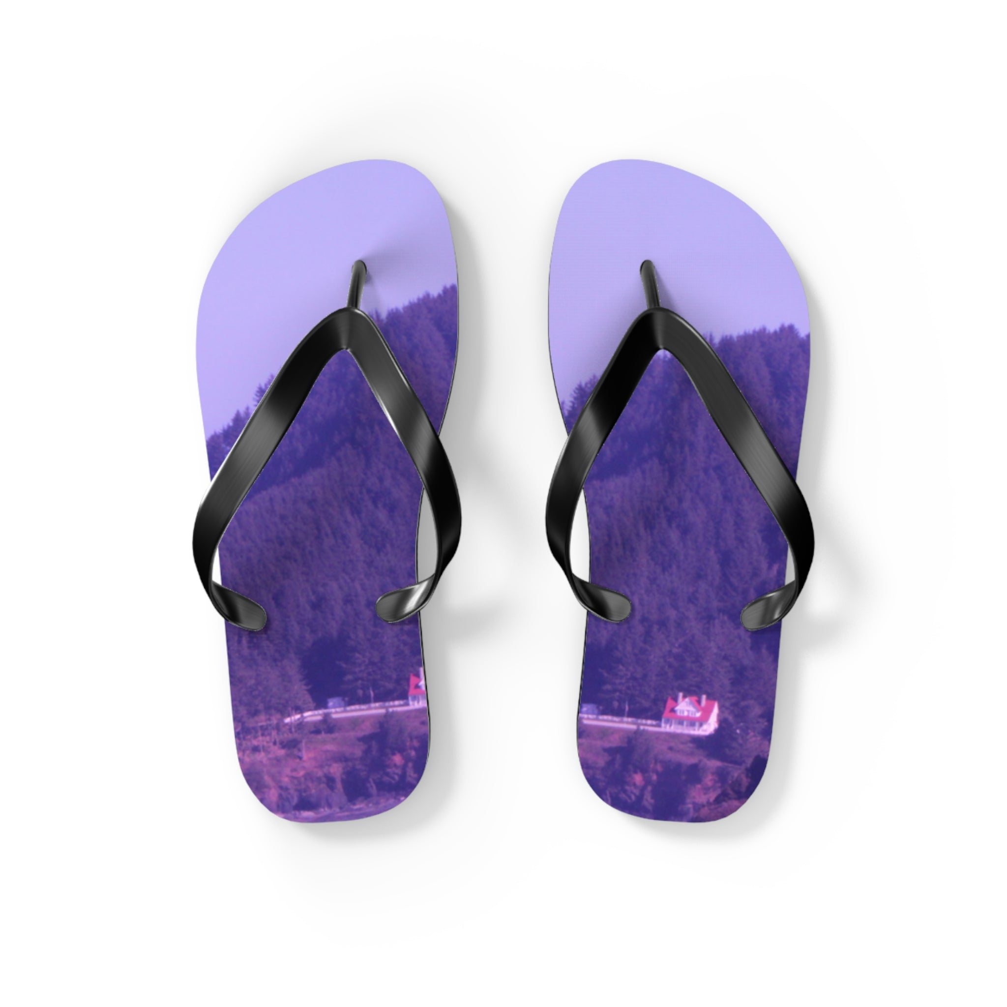 Purple flip-flops with a forest and house scene.