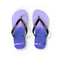 Purple flip-flops with a serene ocean view printed on the soles.