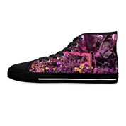 Black high-top sneakers with a vibrant floral and tropical leaf pattern.