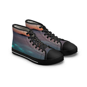 High-top sneakers with a nighttime ocean scene on the fabric.