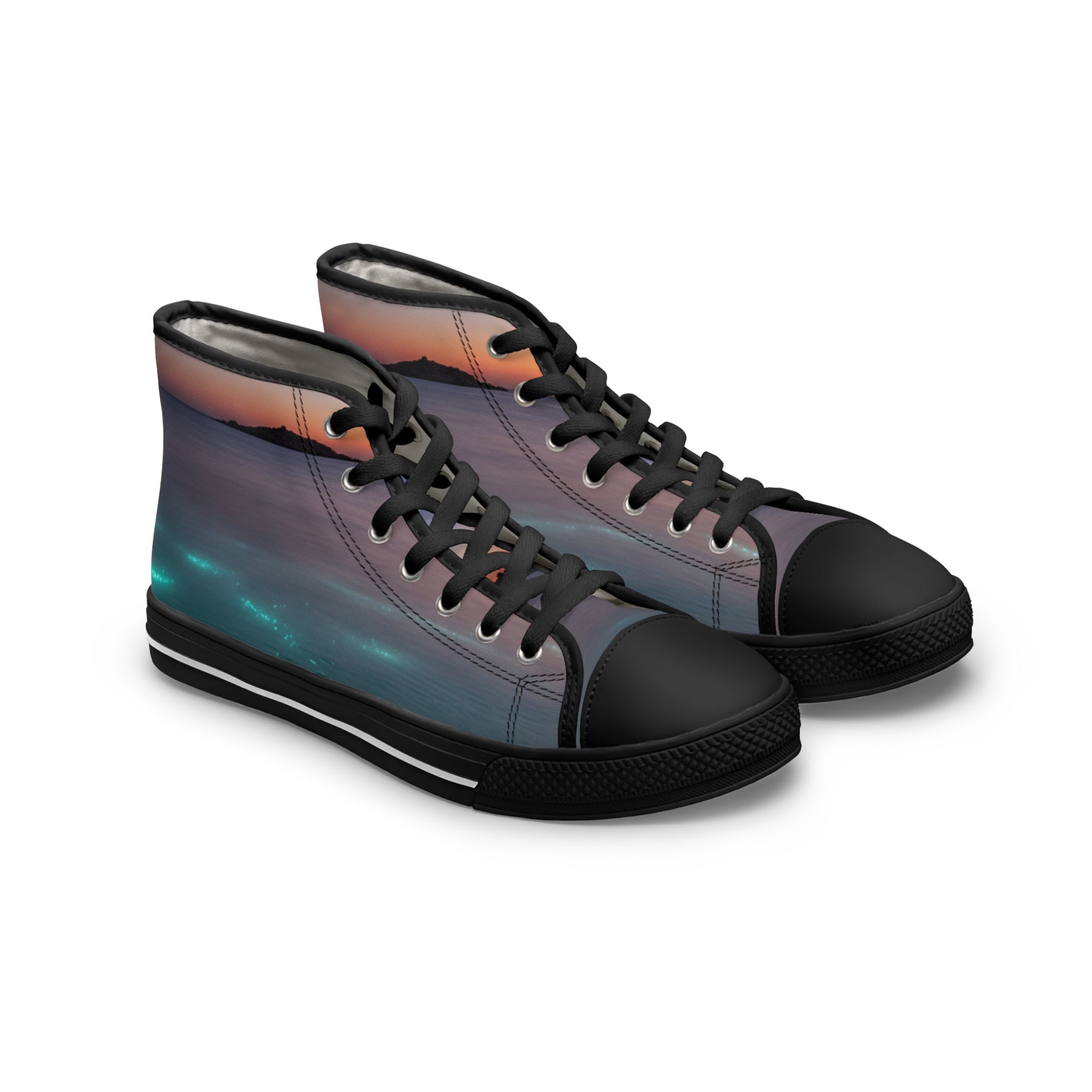 High-top sneakers with a nighttime ocean scene on the fabric.